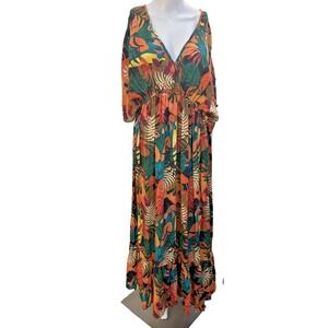 World Market Woman Floral Tropical Babydoll Maxi Dress Size L Vacay Resort Vneck